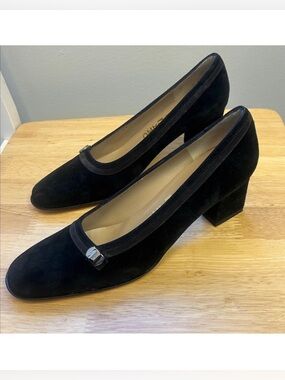 EUC Salvatore Ferragamo Black Suede Block Heel Pumps with  Signature Name Plate